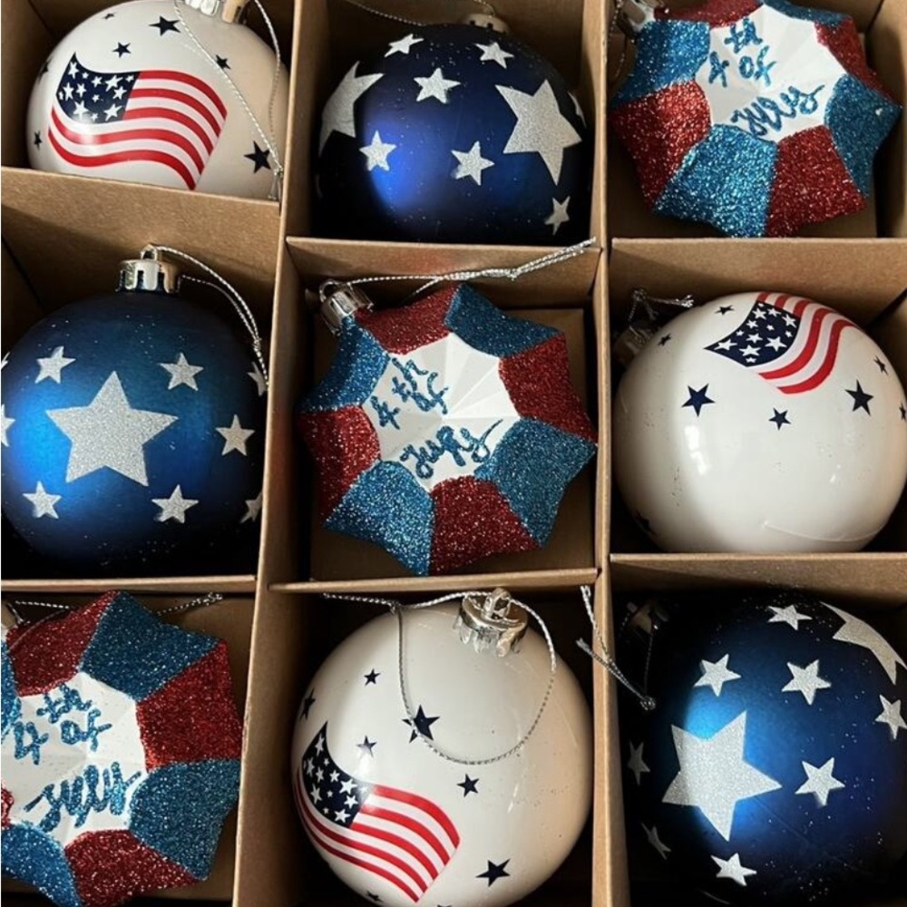 NIB Decor by Hannah Patriotic Ornament Set 9ct 80mm 4th Of July
